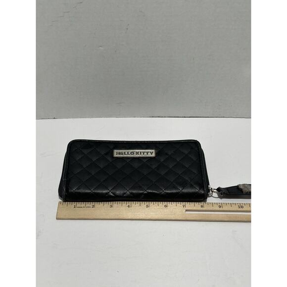 Hello Kitty Sanrio Black Wallet Red Lining HK Print Quilted Ladies Logo Zip Pull - Picture 8 of 9